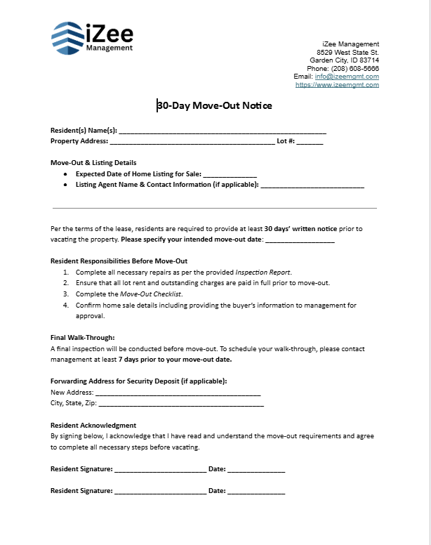30-day move-out notice letter from iZee Management outlining resident responsibilities, final walk-through, forwarding address, and resident acknowledgments.