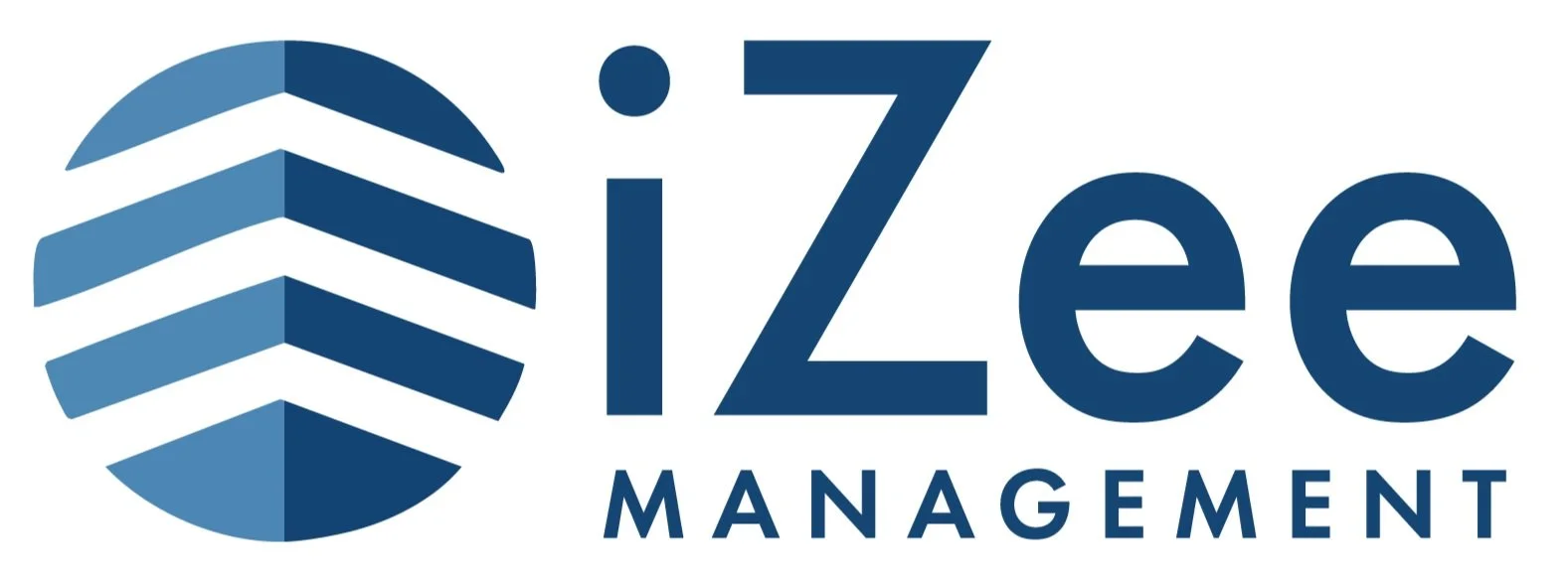 Logo for iZee Management featuring a spherical graphic made of horizontal lines and the company name in bold text.