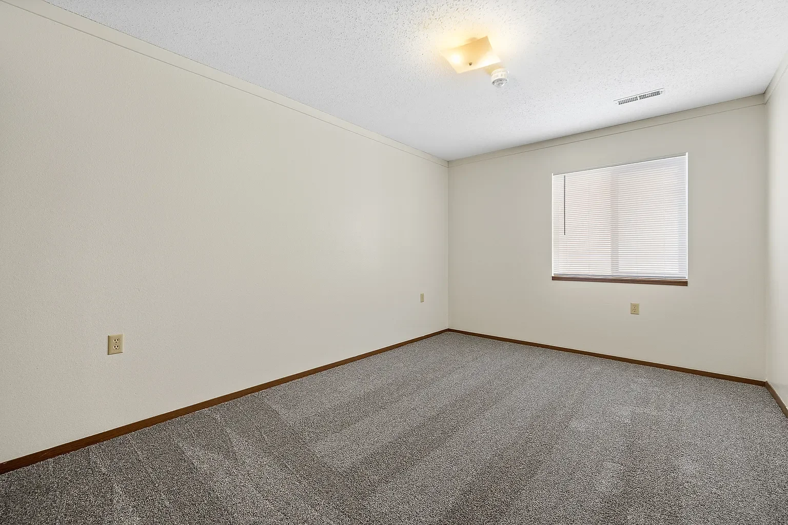 Empty room with beige walls, a window with blinds, a carpeted floor, and a ceiling light fixture.