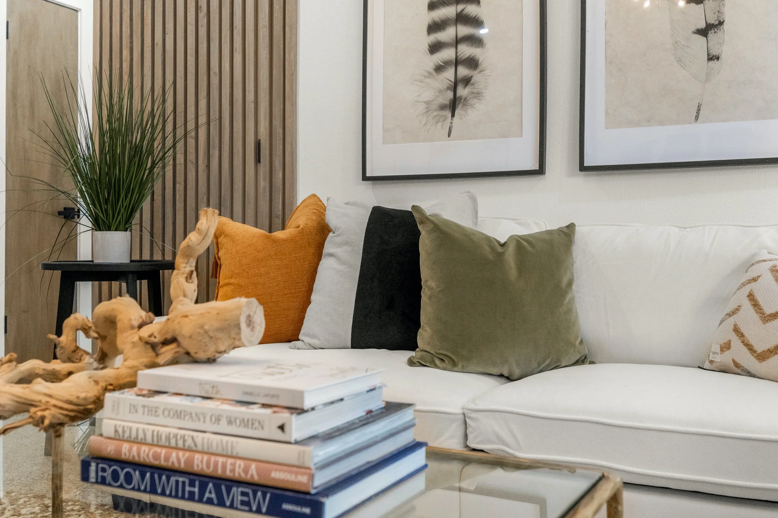 Contemporary living room with white sofa, colorful pillows, wall art, side table with plant, and decorative object on table.