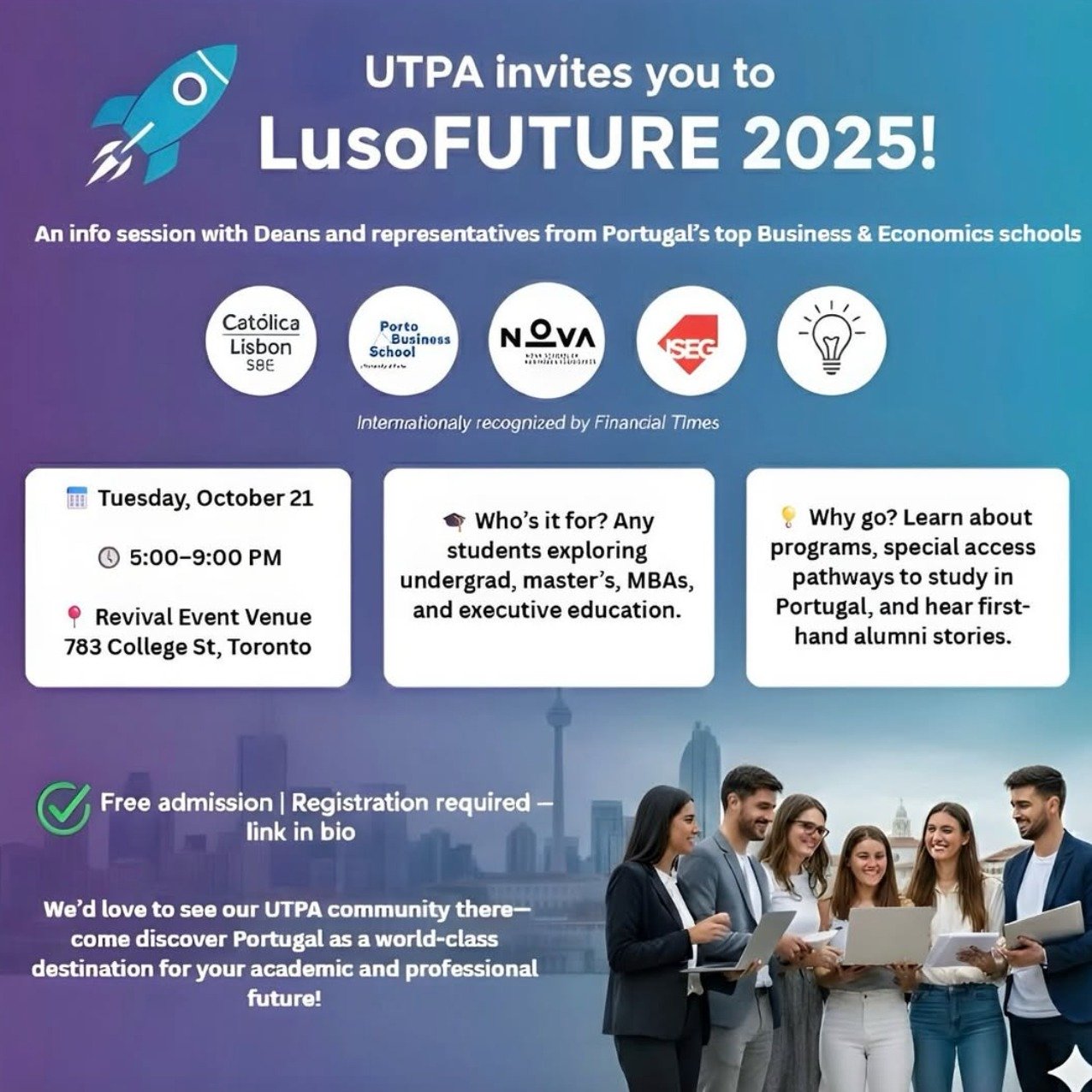 LusoFUTURE 2025!
An info session with Deans and representatives from Portugal&rsquo;s top Business &amp; Economics schools &mdash; Cat&oacute;lica Lisbon SBE, ISCTE Business School, ISEG, Nova SBE, and Porto Business School &mdash; internationally re