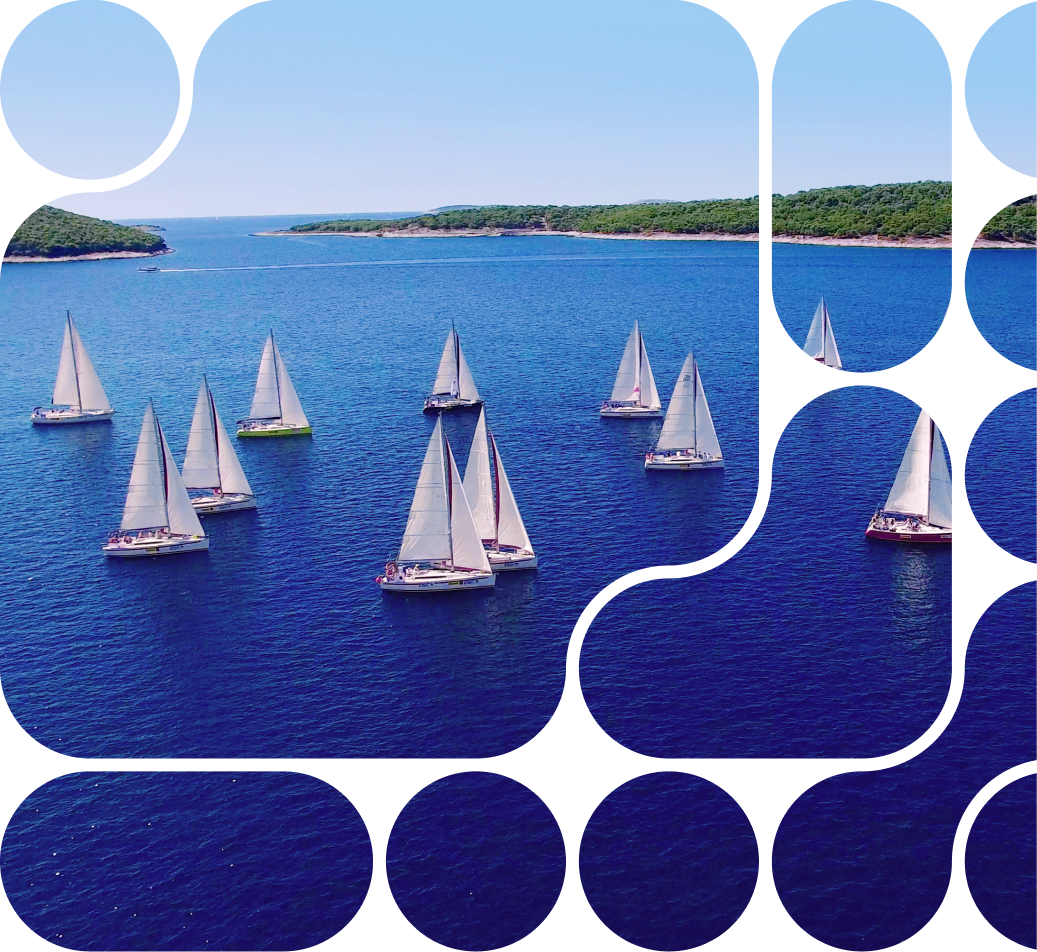 Several sailboats in beautiful water with clear, blue sky with a mask of geometric interconnected circles.