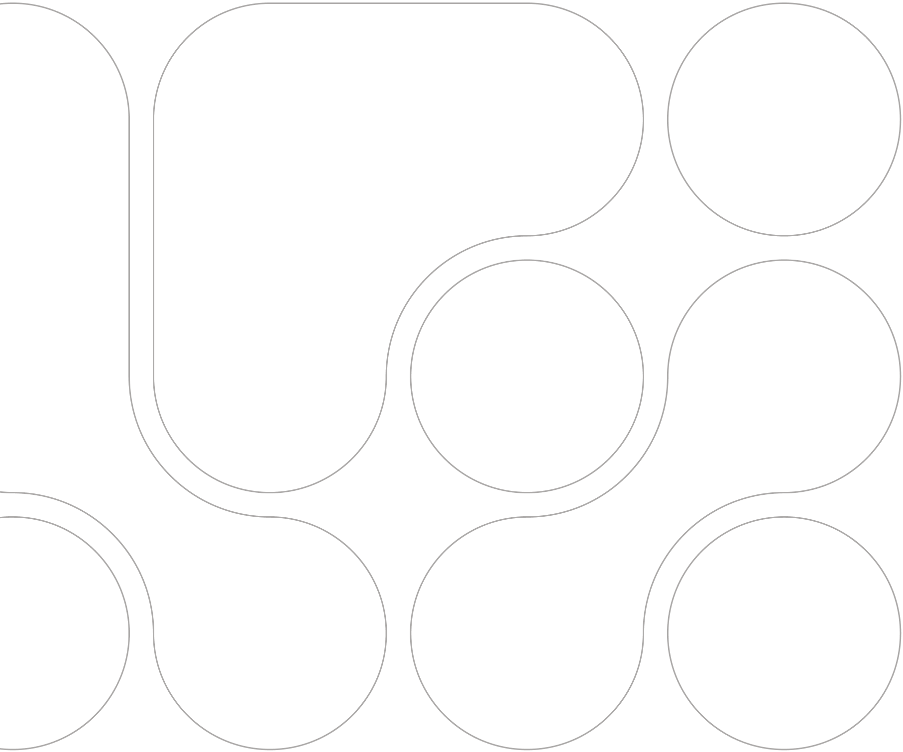 Outline of nine circles and one irregular shape on a black background.