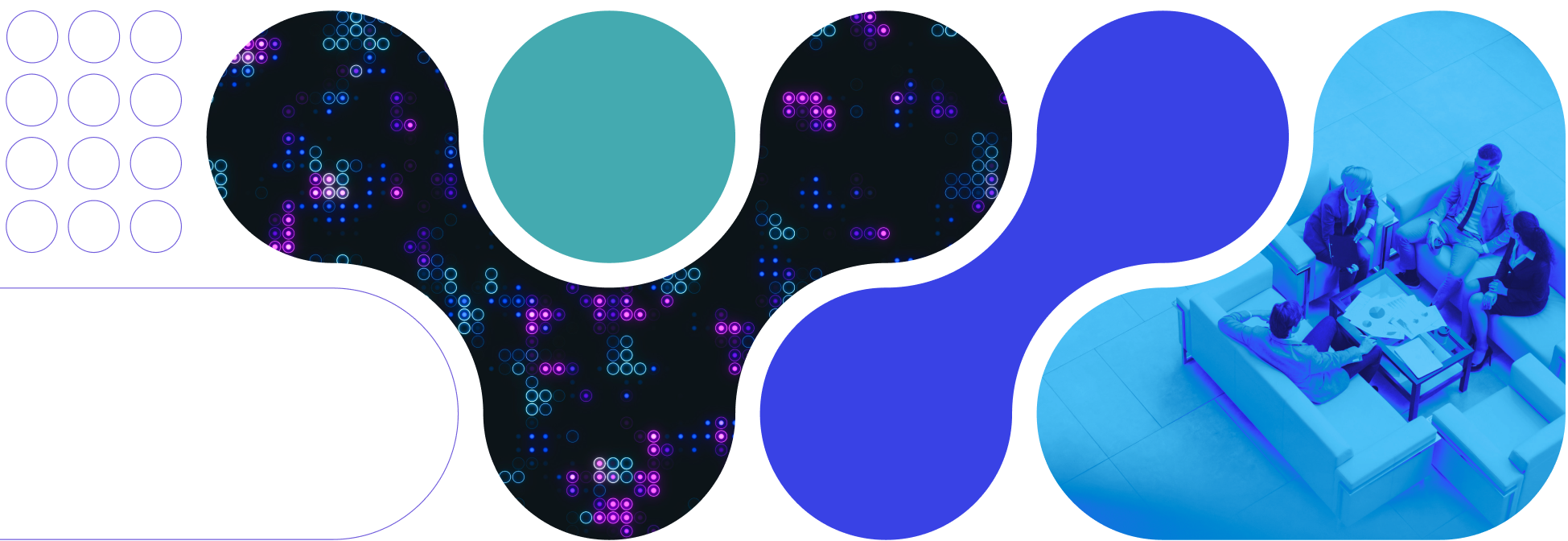 Interconnected, colorful geometric circles depicting data points and a colorized blue image of clients meeting and reviewing positive metrics.
