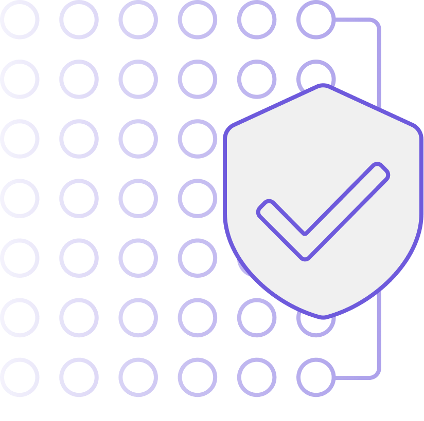 Illustration of a security shield with a check mark overlay, connected to a grid of circles, symbolizing cybersecurity or data protection.