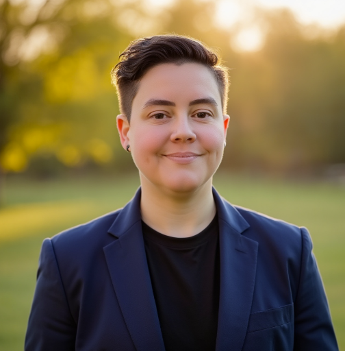 A person with short dark hair and an earring, wearing a navy blazer and black shirt, smiling outdoors during sunset.