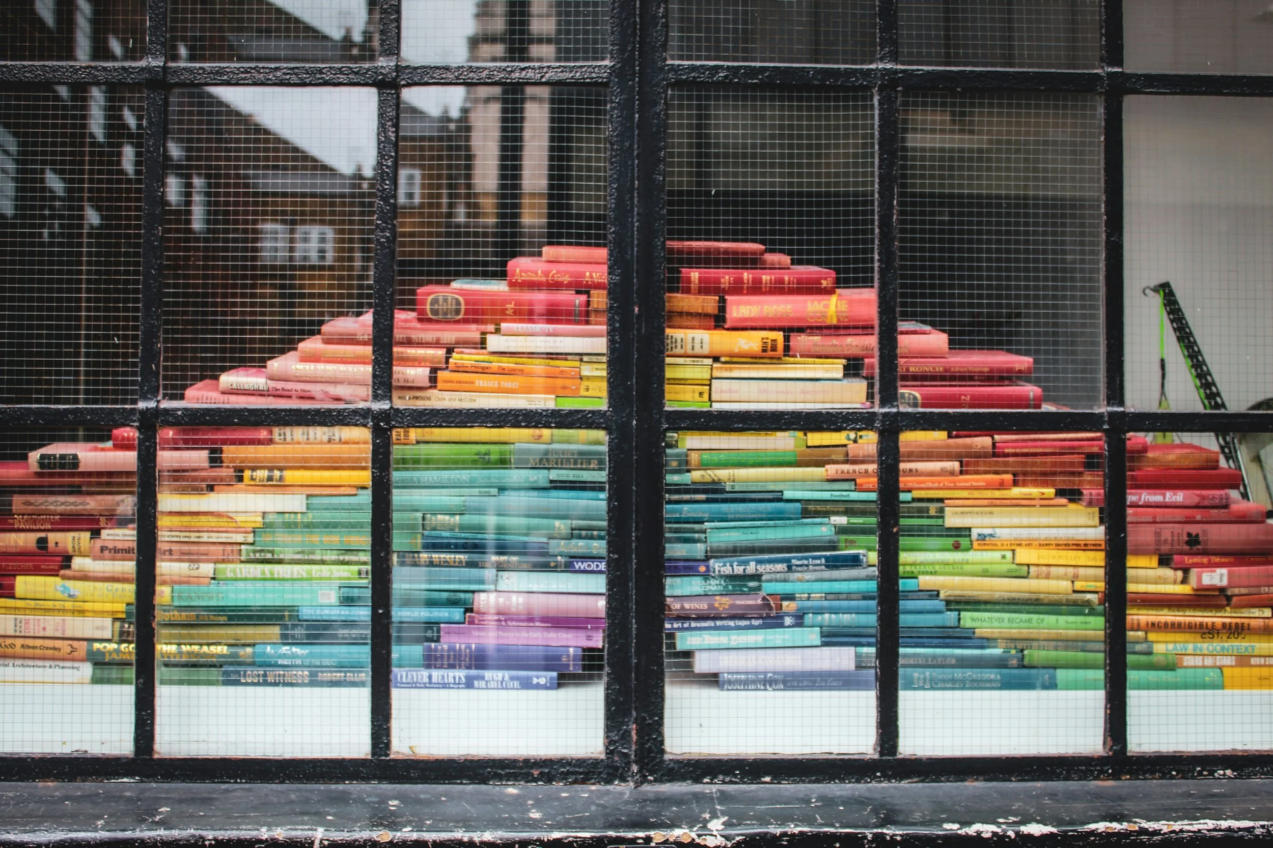 Colorful stacks of books arranged in a rainbow pattern behind wire mesh, seen through a black metal grid.