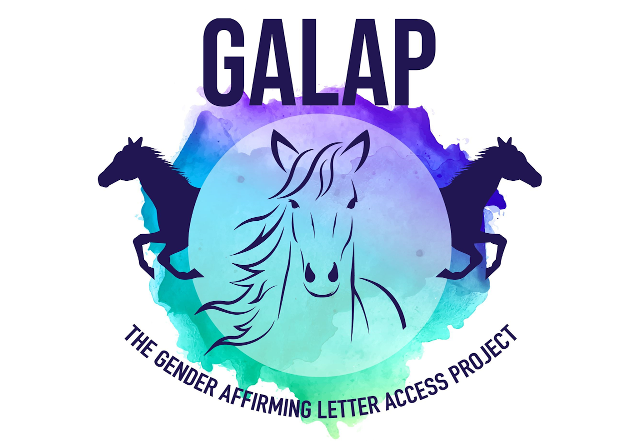 Logo for GALAP, The Gender Affirming Letter Access Project, featuring a watercolor background with a central illustration of a horse's face, two running horses on either side, and text at the top and bottom.