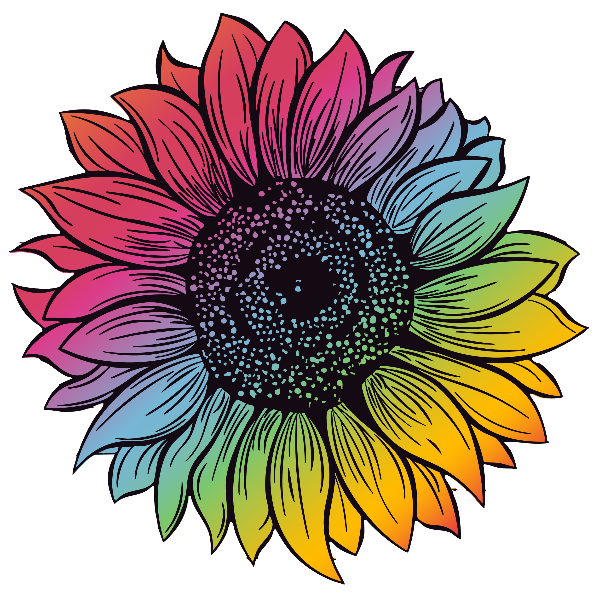 Colorful, rainbow gradient sunflower illustration with black outline on a transparent background.