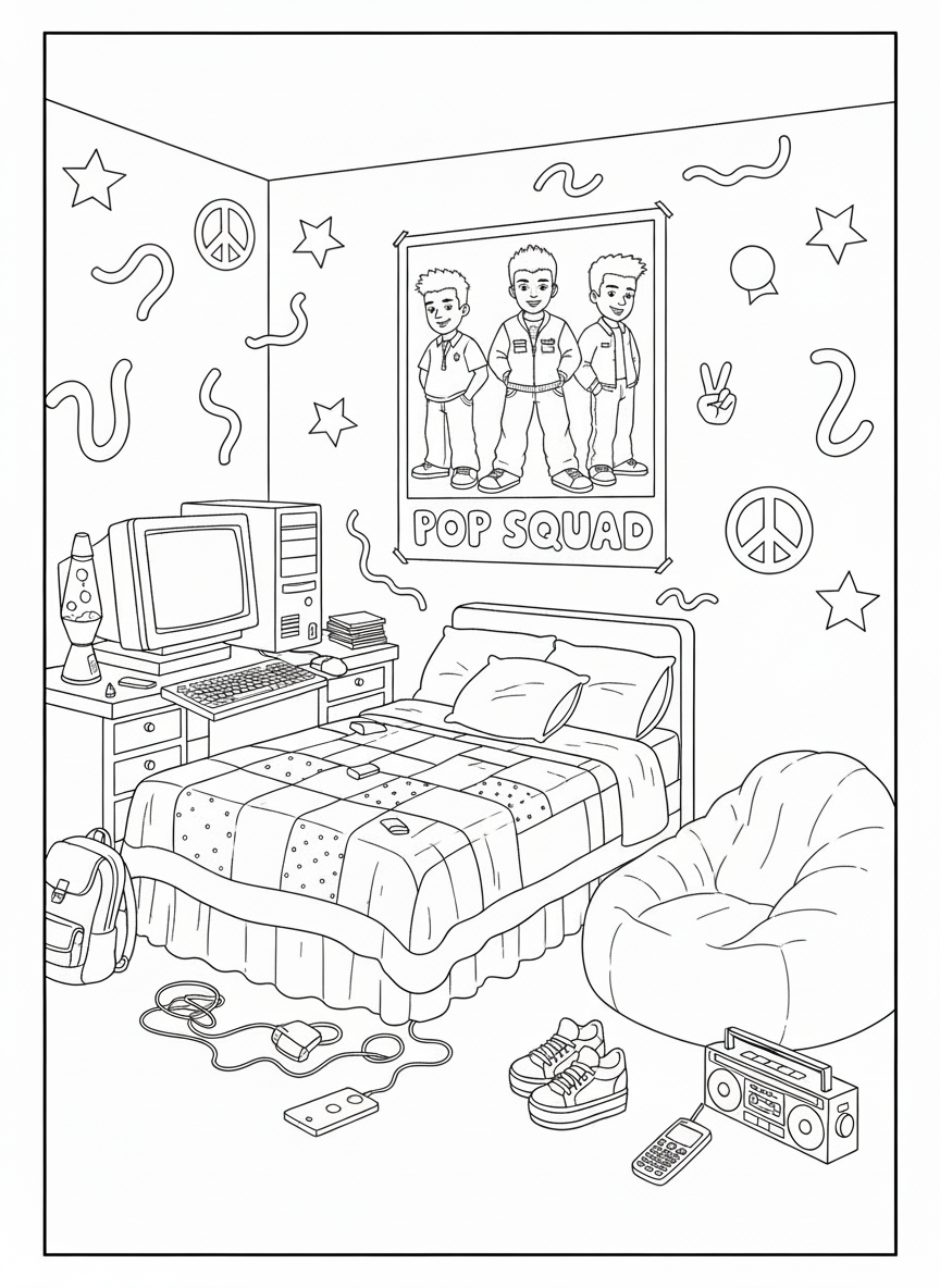A bedroom featuring a bed with pillows, a desk with an old television, a computer, and a lava lamp. There is a backpack and shoes on the floor, and a large bean bag chair. The walls are decorated with star, peace sign, and snake drawings, along with a poster of three boys labeled 'Pop Squad'.