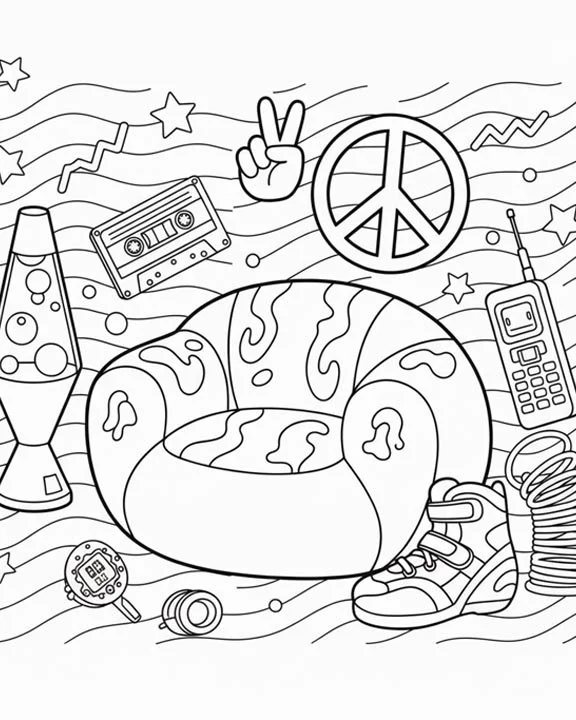Coloring page with a large bean bag chair in the center, surrounded by a lava lamp, cassette tape, retro cell phone, peace sign, sneaker, remote control, watch, and various stars and abstract lines.