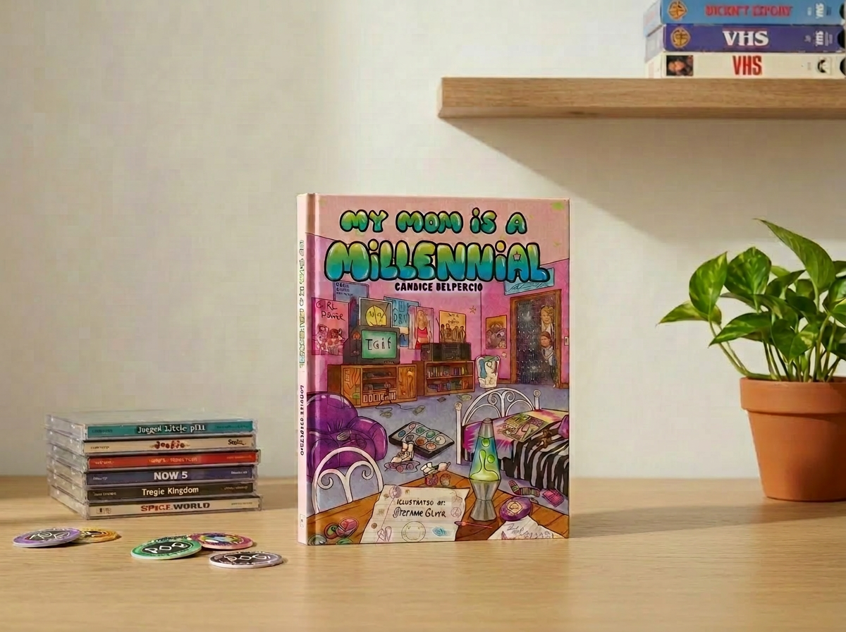 A colorful graphic novel titled "My Mom is a Millennial" by Candice Belperio, displayed standing upright on a wooden table. To the left, there is a stack of CDs, and in front, several round tokens or coasters with various designs. To the right, there is a potted green plant, and in the background, a white wall with a wooden shelf holding a stack of VHS tapes.