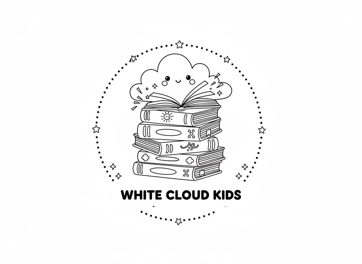 A line drawing of a cloud with a smiling face above a stack of books, one open with a rainbow and stars emerging from it, surrounded by a dotted circle with small stars, and the text "White Cloud Kids" below.