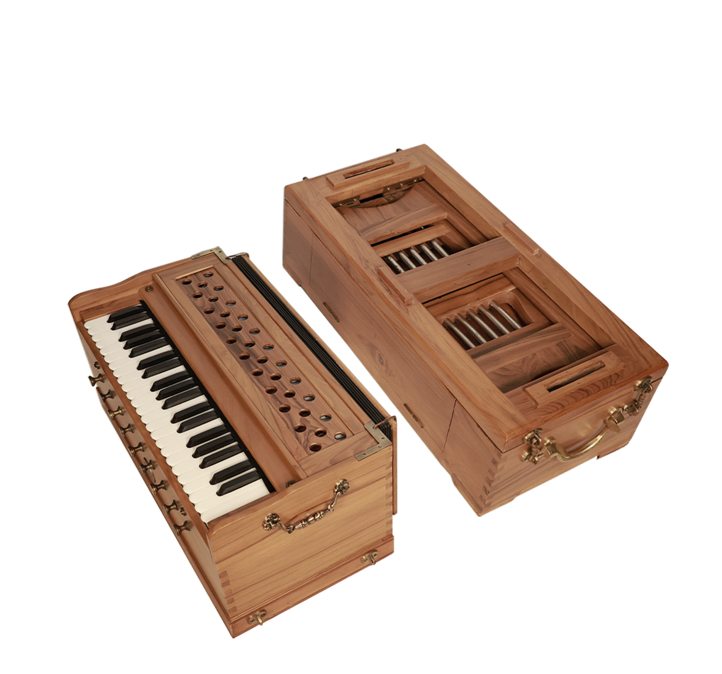 Two wooden mechanical music boxes with metal components, one with a keyboard and the other with a barrel and cylinder mechanism, both handcrafted with brass details.