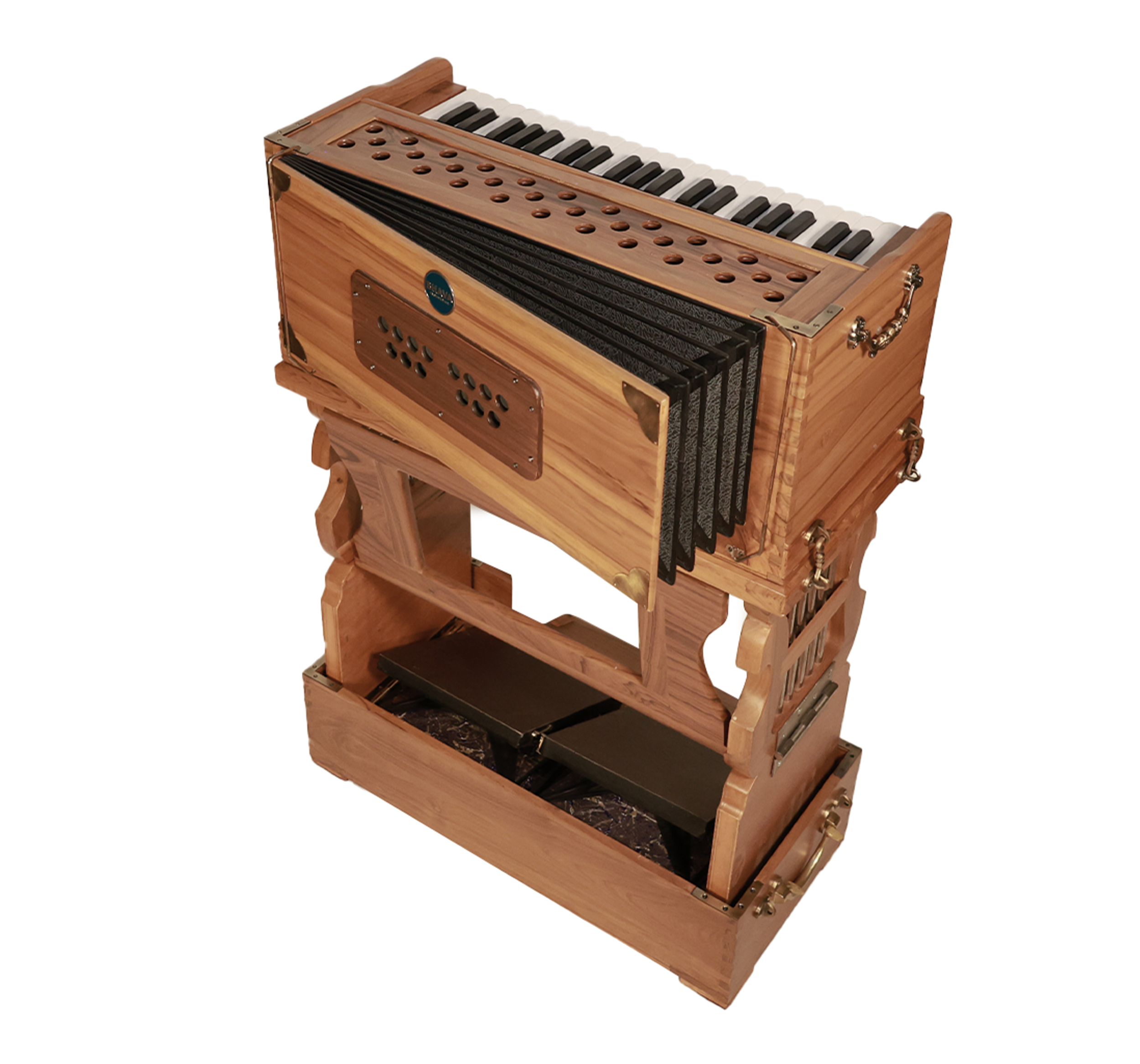 Harmonica with a wooden body, metal keys, and black slide plates, mounted on a wooden stand.