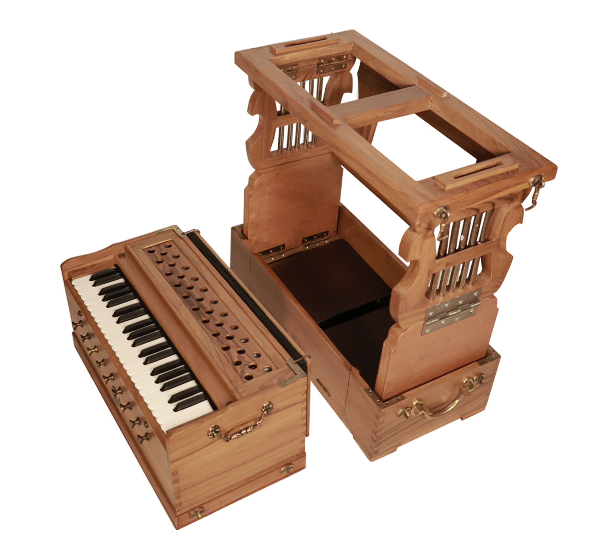A wooden musical box with a compartment for a musical mechanism and a small keyboard with black and white keys.
