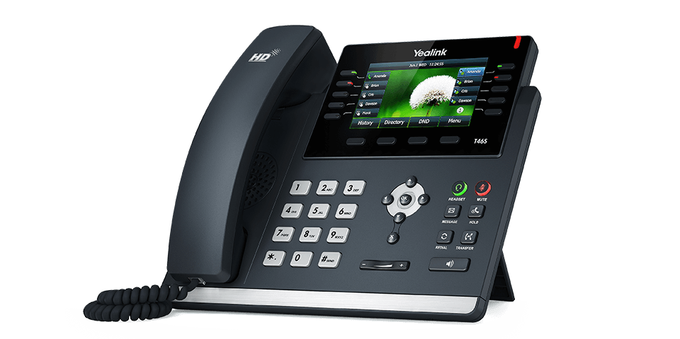 A black Yealink IP desk phone with a digital display screen, multiple buttons, and a coiled cord connecting to the handset.