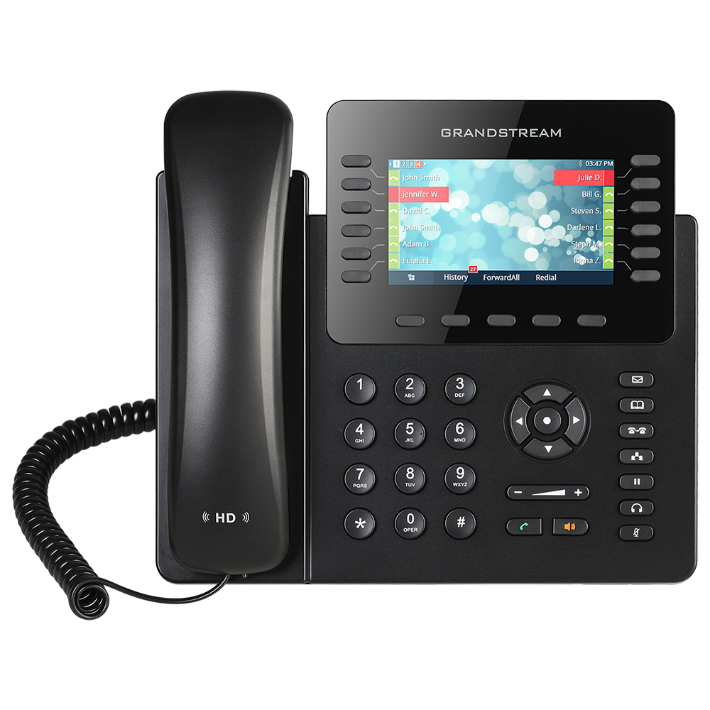 A black office landline telephone with a corded handset, digital display, multiple buttons, and caller information on the screen.