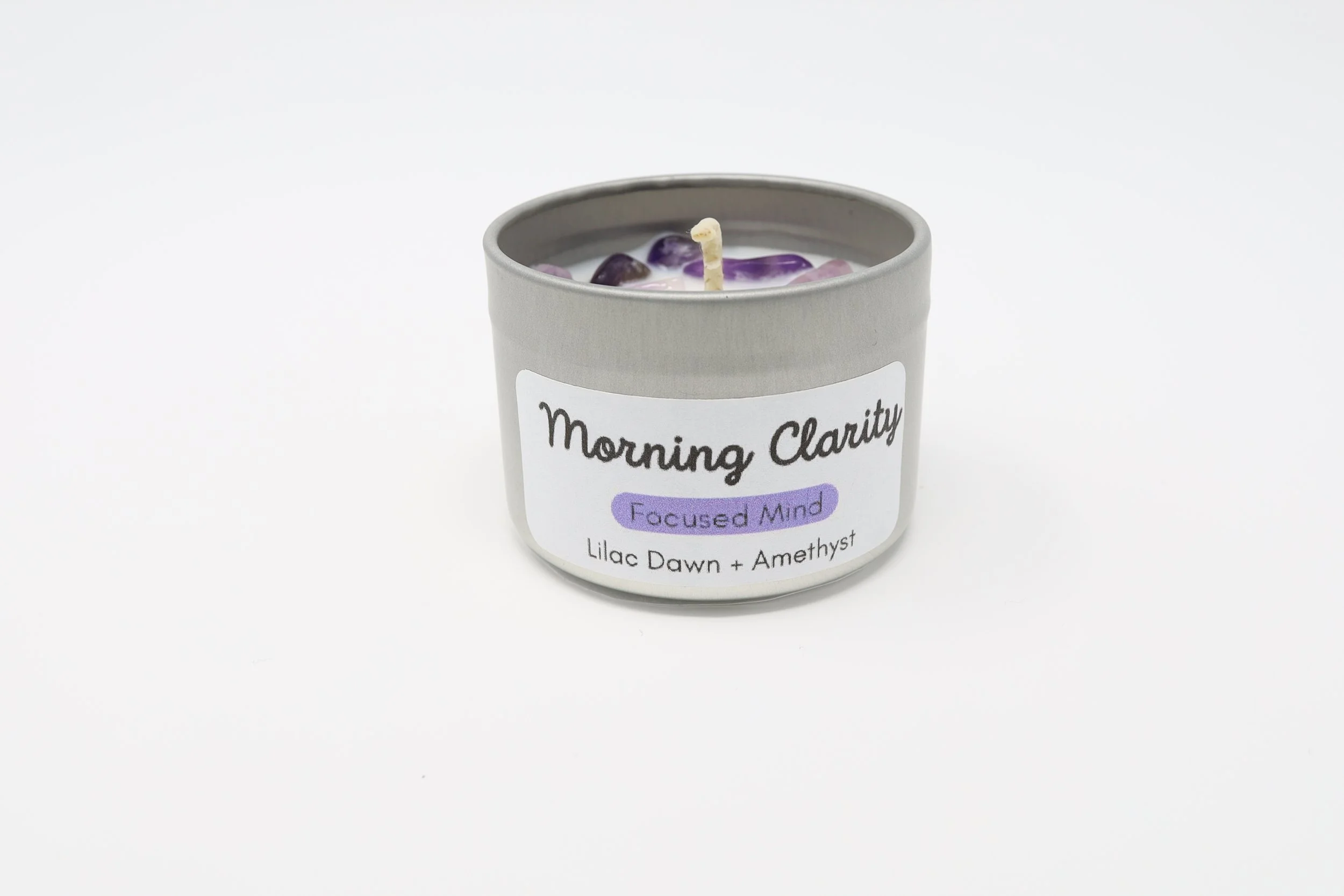 Morning Clarity Candle — Lilac Candle with Amethyst Crystal for Calm Focus