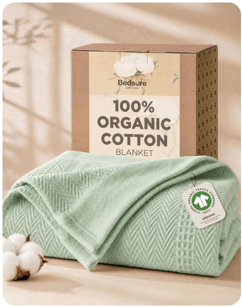 Bedsure PureWoven 100% Organic Cotton Waffle Luxury Blanket, Queen, Green | GOTS Certified Organic Cotton, Waffle & Herringbone Textured, Soft, Breathable, All Season, Machine Washable, Home Decor Gift