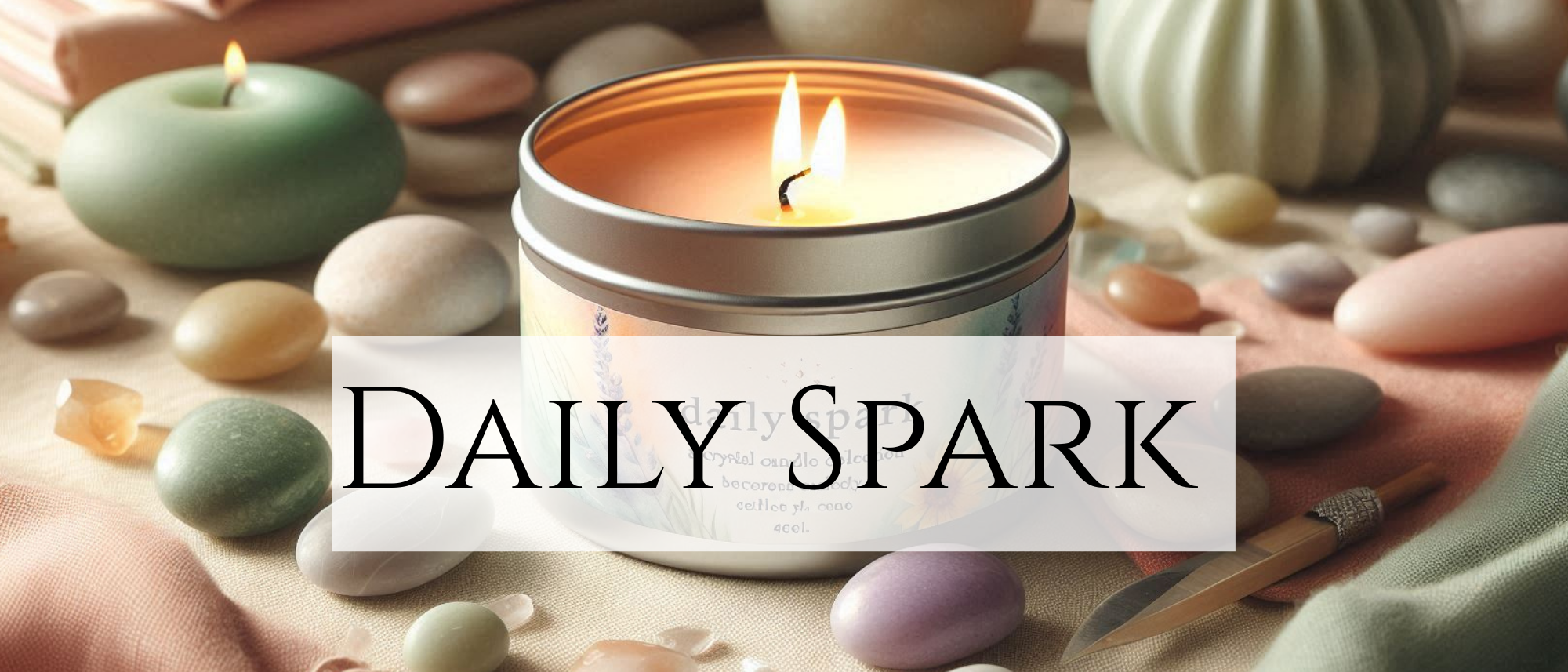 A lit candle in a decorative tin surrounded by various smooth, colorful stones and shells on a soft fabric surface, with the overlay text 'Daily Spark'.