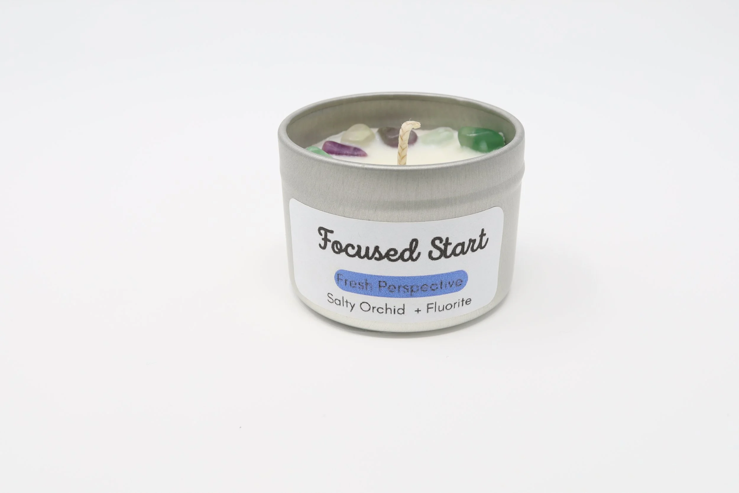Focused Start Candle — Sea Salt and Orchid Candle with Fluorite Crystal