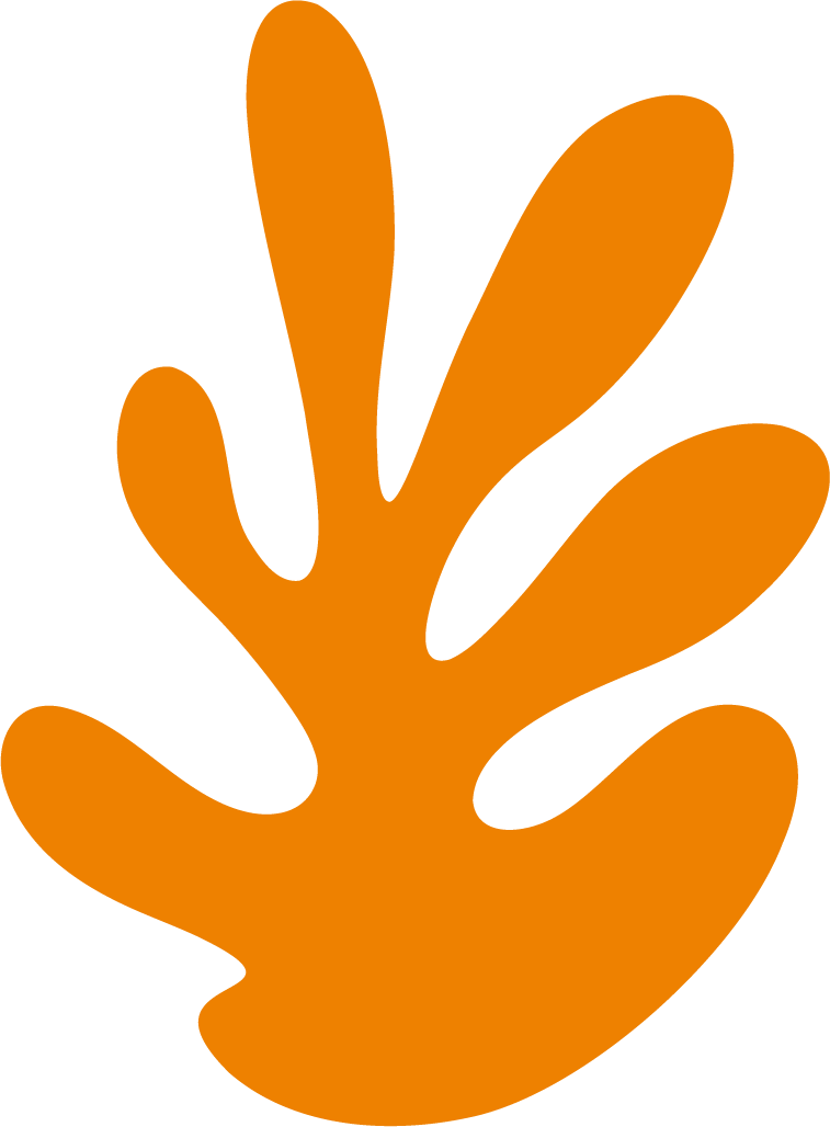 Ein stilisiertes, orangenes, organisches, pflanzenähnliches Element.