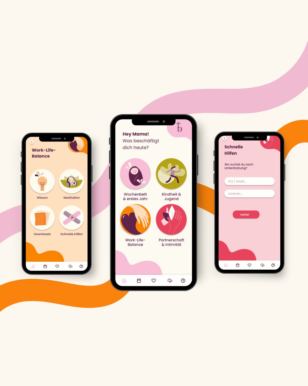 Drei App-Screens der Bloomaya App für Mütter mit Unterstützung zu Frauengesundheit, Mental Health und Familienalltag