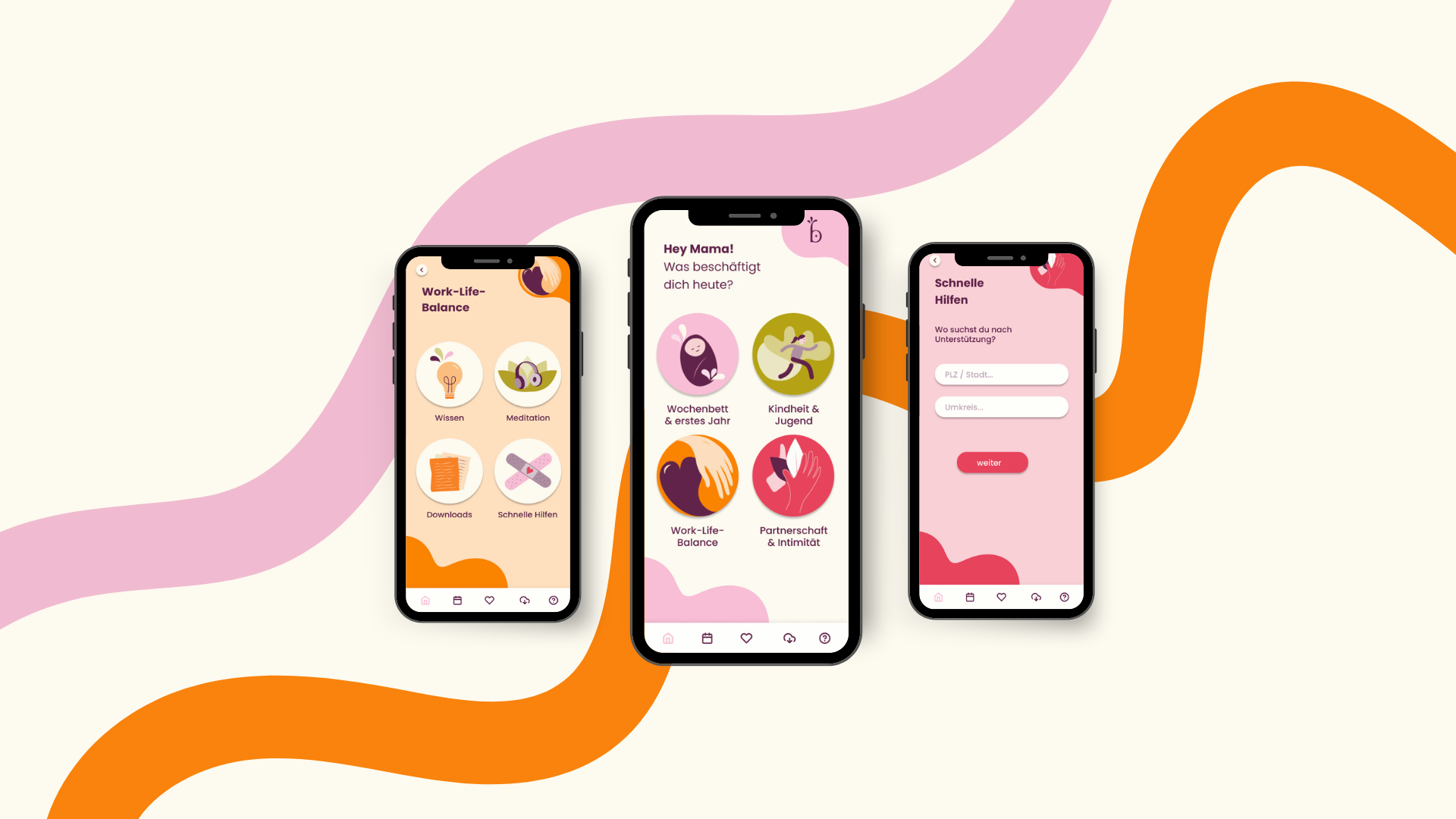 Drei Smartphones mit einer App-Übersicht, die verschiedene Menüs der Bloomaya App zeigt, mit Themen wie Wochenbett, Work-Life-Balance, Partnerschaft und Support auf einem farbenfrohen Hintergrund mit geschwungenen Linien in Pink, Orange und Creme.