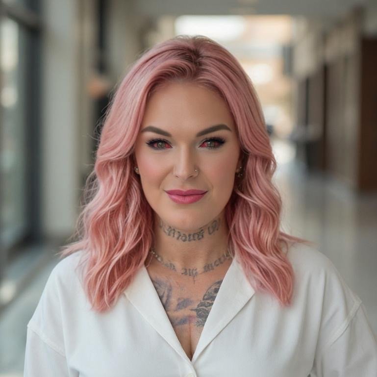 Frau mit pinken Haaren und tättowiertem Hals und tättowierten Augen schaut leicht lächelnd in die Kamera.