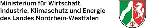 Text des Ministeriums für Wirtschaft, Industrie, Klimaschutz und Energie Nordrhein-Westfalen mit dem Landeswappen neben dem Text.
