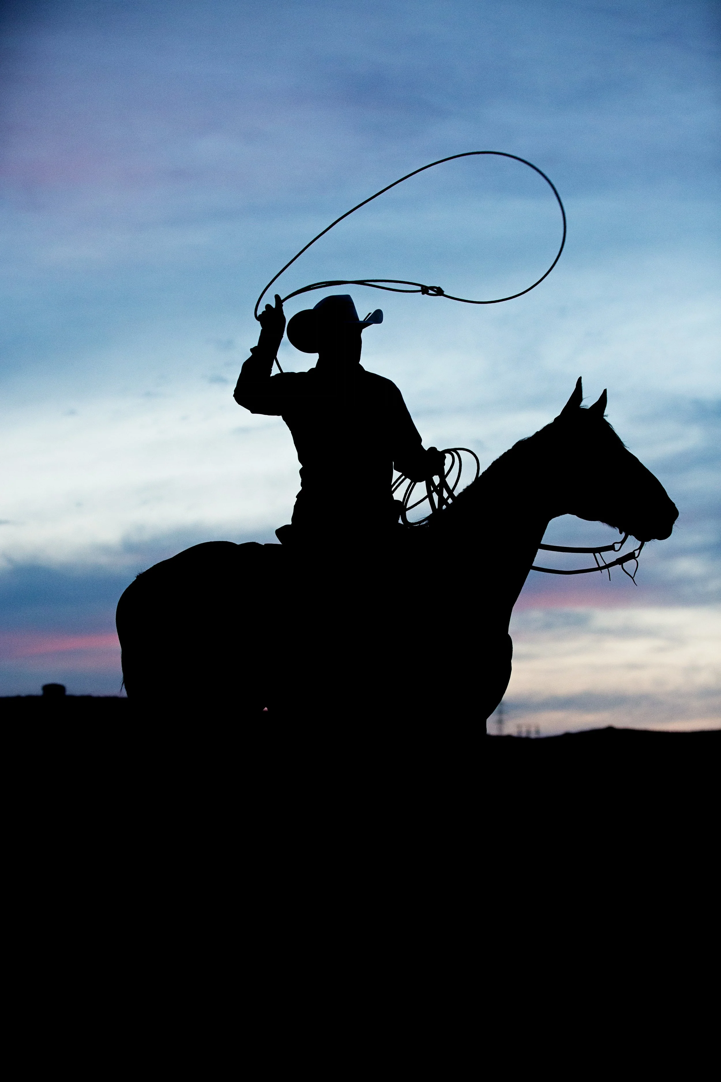 Silhouette of a cowboy riding a horse, holding a lasso in the air against a sunset sky.