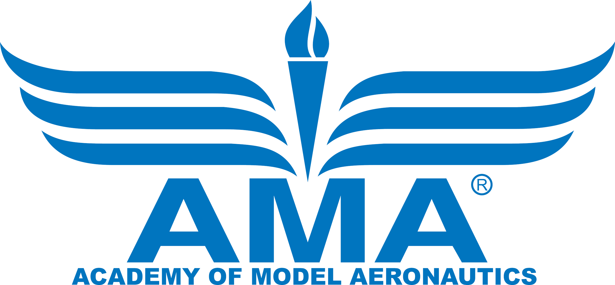 Logo of the Academy of Model Aeronautics (AMA) featuring a blue stylized bird with outstretched wings, a torch at the center, and the text 'AMA' and 'ACADEMY OF MODEL AERONAUTICS' underneath.
