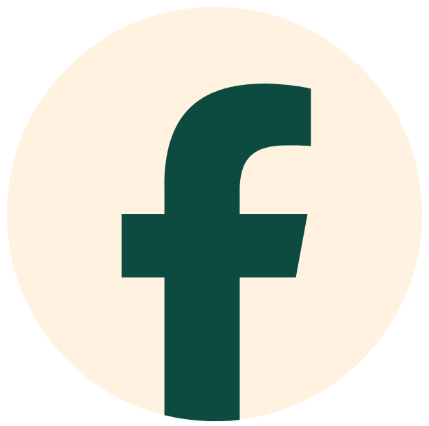 Facebook logo in dark green inside a circle with a light background