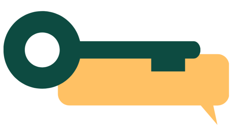 Illustration of a dark green key placed horizontally on an orange speech bubble background. Kie Marketing small logo.