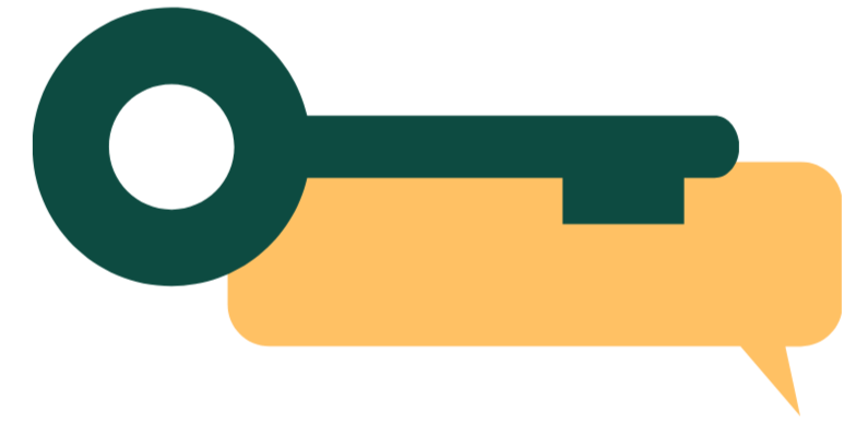 A green key resting on top of a yellow speech bubble with a pointed tail. Kie Marketing small logo.