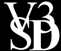 A black background with white stylized overlapping letters and numbers: V, 3, S, & D.