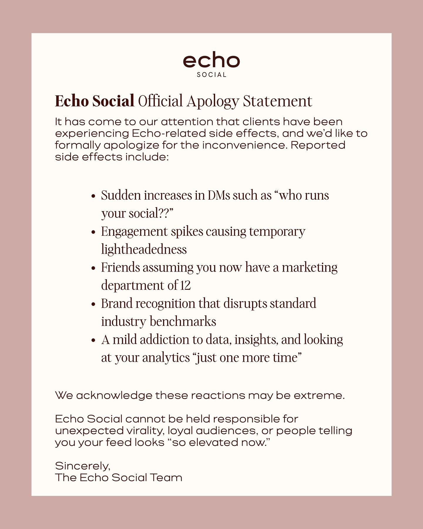 TREND ALERT!

The fake &ldquo;official apology&rdquo; format is everywhere right now, and it&rsquo;s the perfect way to blend personality with polished brand messaging.

Why it works:
&mdash; It stops the scroll by looking serious&hellip; then flips 