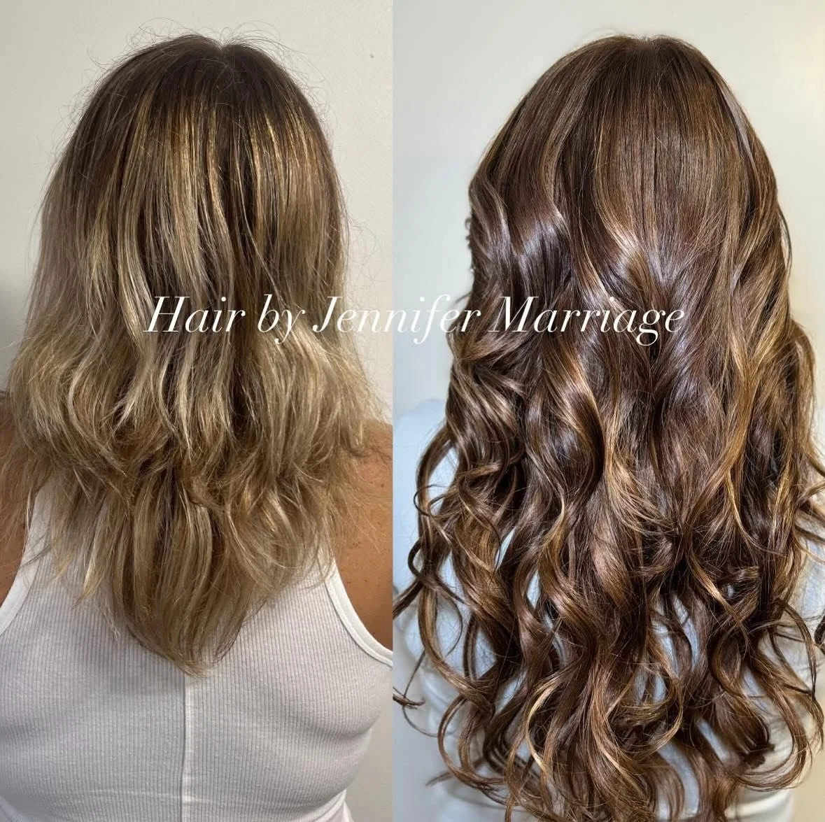 Side-by-side images of a woman's hair before and after a professional styling. The left shows wavy, light brown hair with blonde highlights, and the right displays shiny, dark blonde, styled with loose curls.