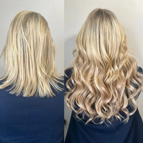 Side-by-side images showing a woman's hair before and after a professional styling. The 'before' image has straight, shoulder-length blonde hair. The 'after' image has long, voluminous, blonde hair with loose waves.
