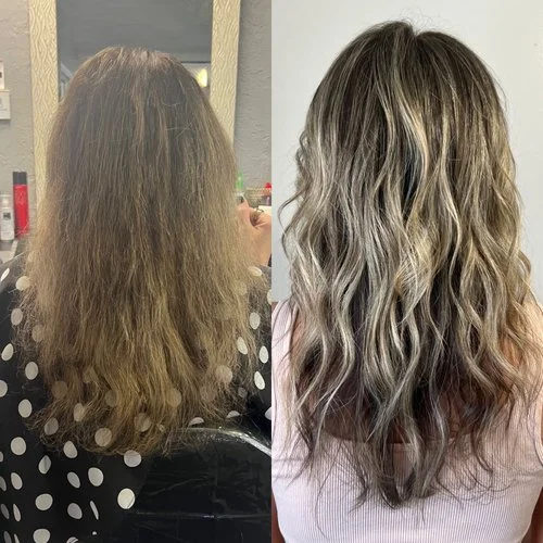 Side-by-side comparison of a woman's hair before and after a salon treatment, showing frizzy hair before and styled, wavy hair after.