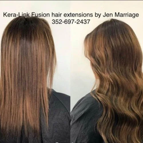 Side-by-side comparison of a woman's hair before and after Kera-Link Fusion hair extensions by Jen Marriage.