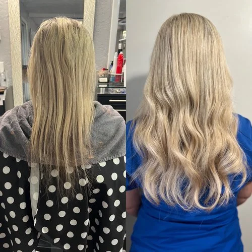 Side-by-side comparison of a woman's hair before and after styling, showing long blonde hair with the after image featuring styled, wavy hair.