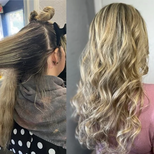 Side-by-side images of a woman's hair before and after a professional hair color and styling. The left shows her hair being prepared, the right displays her finished, styled, blonde, wavy hair.
