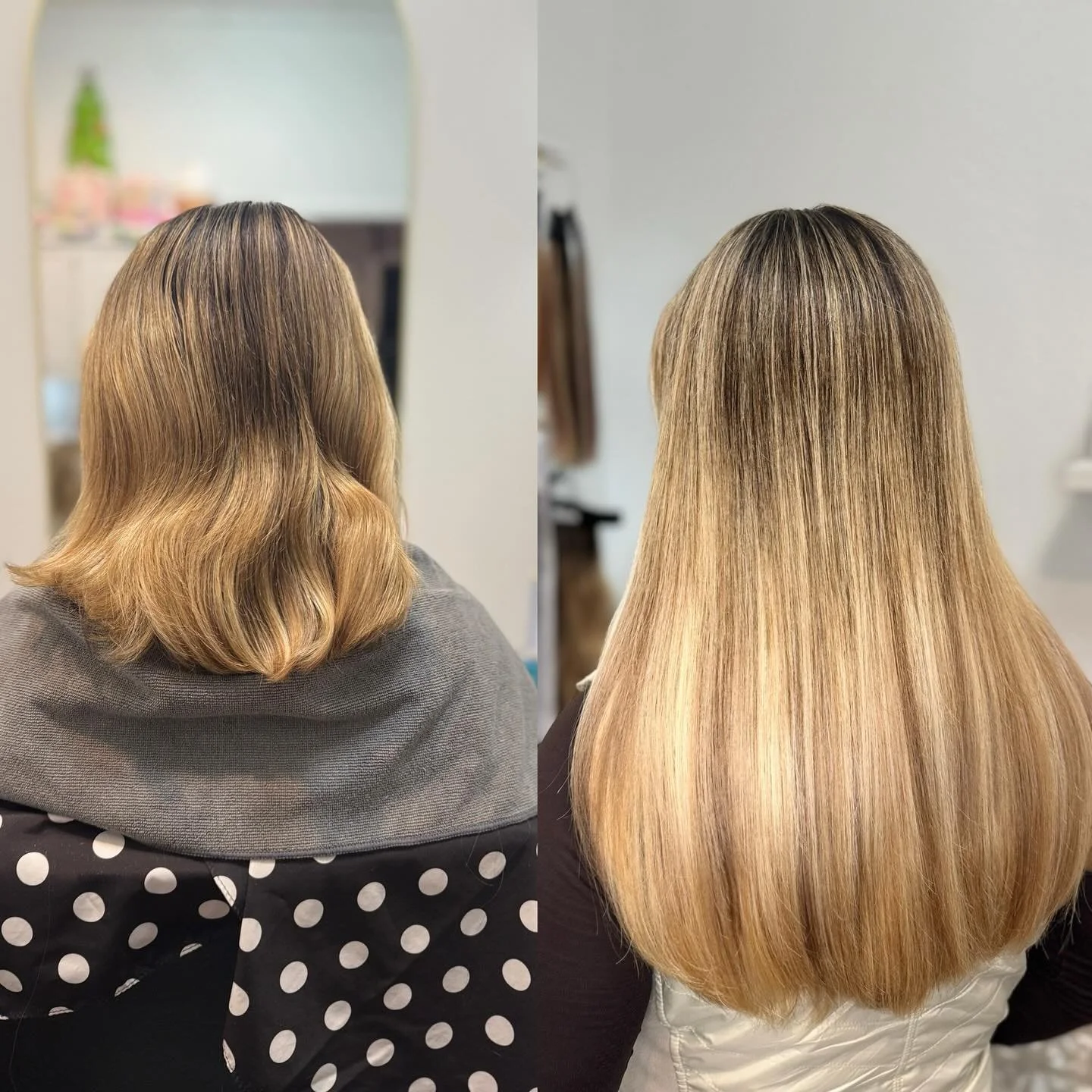 Side-by-side comparison of a woman's hair before and after a professional haircut and coloring. The 'before' shows shoulder-length, wavy, light brown hair. The 'after' displays long, straight, blonde hair with a sleek finish.