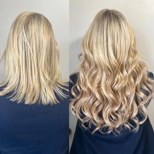 Side-by-side comparison of a woman's hair before and after a curling and styling treatment, showing shorter, straight blonde hair on the left and long, wavy blonde hair on the right.