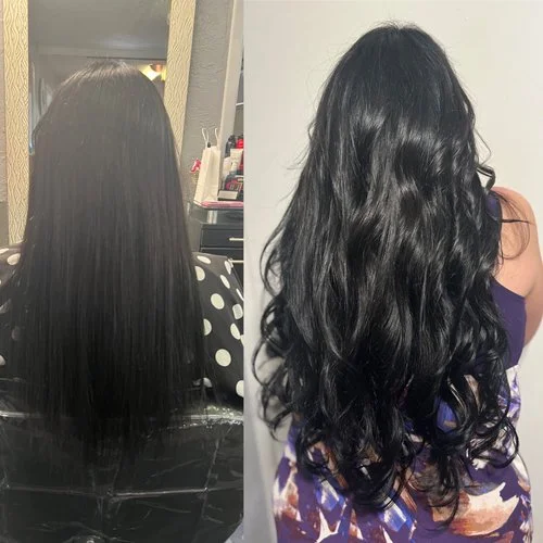 Side-by-side comparison of two women's hair, with the left showing straight black hair and the right showing curly black hair.