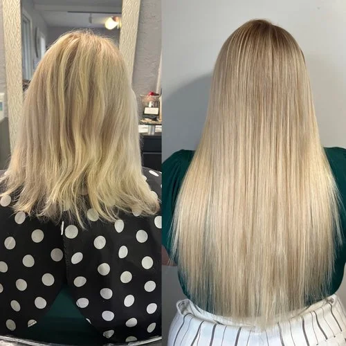 Side-by-side photos of a woman showing hair transformation, from messy, wavy blonde hair to sleek, straight, blonde hair.