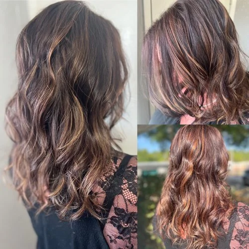 Collage of four photos showing a woman's wavy, shoulder-length hair styled with highlights in various lighting.
