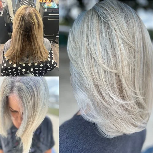 Three women with shoulder-length gray hair, one sitting in a salon chair, another outdoors just before a haircut, and the third with freshly cut hair outdoors.